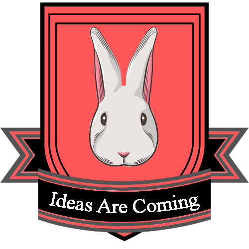 A salmon pink banner with a white rabbit head in the center. Text: "Ideas Are Coming"