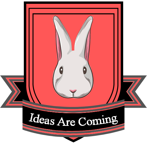 A salmon pink banner with a white rabbit head in the center. Text: "Ideas Are Coming"